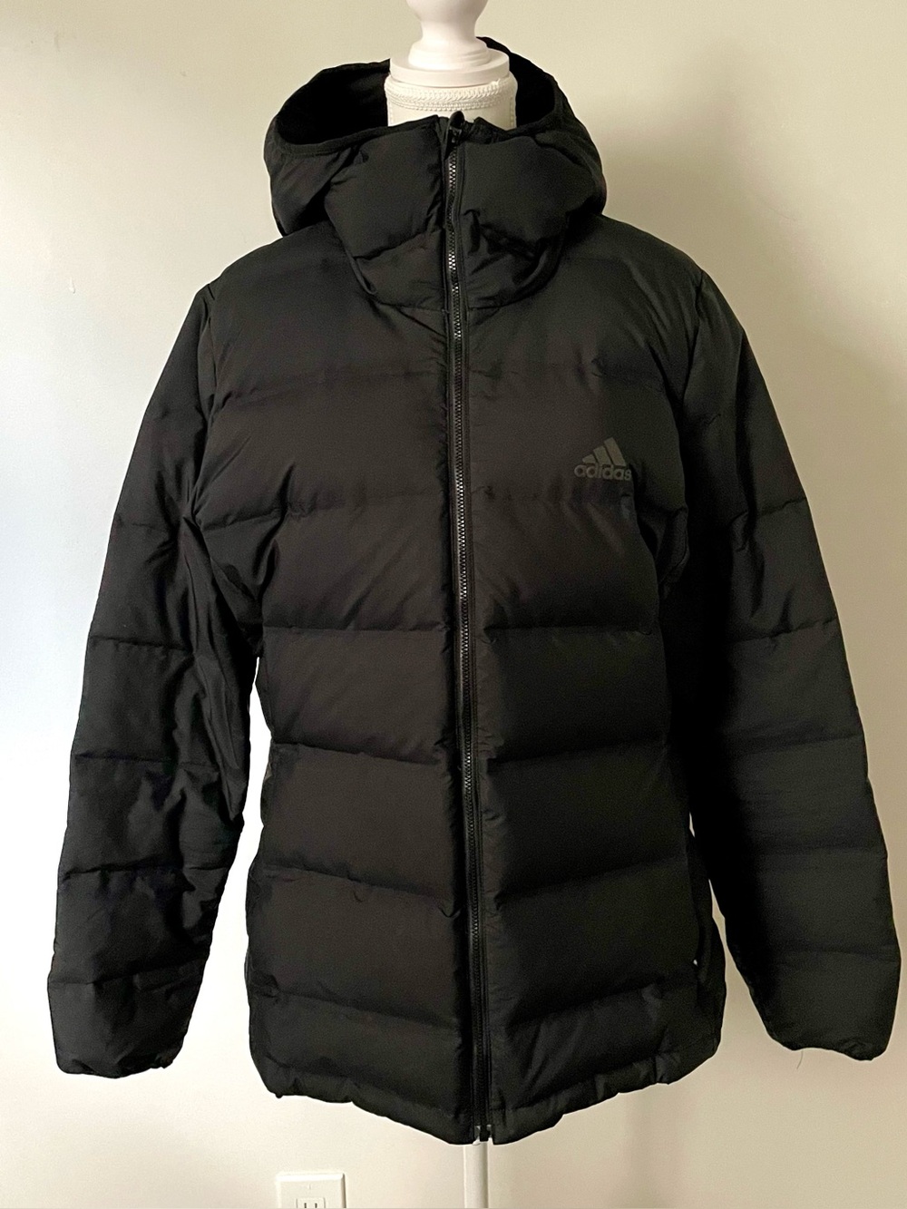 Adidas Down Filled Puffer Jacket Black Water Resistant Hood Full Zip Size Large